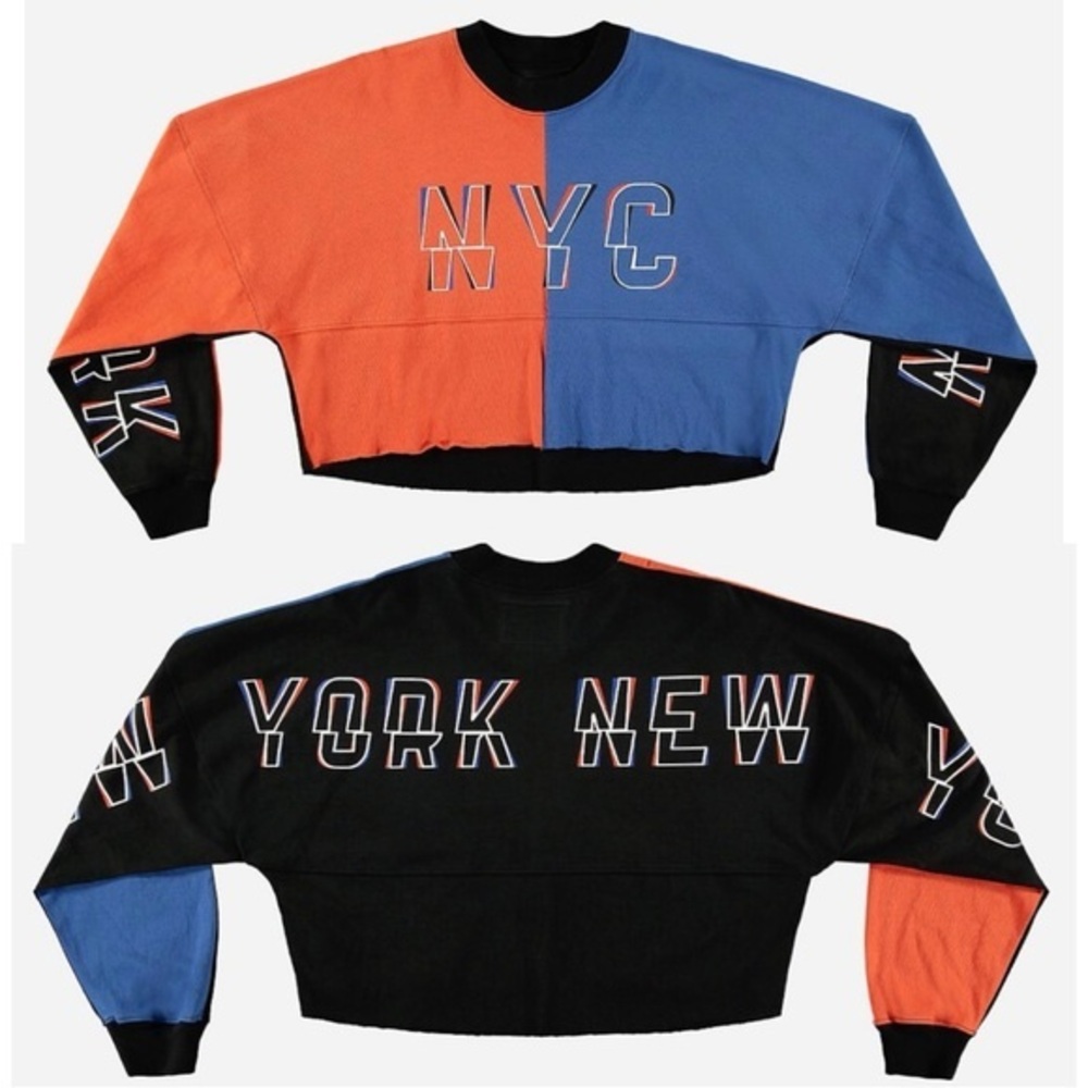 Spirit Jersey New York NYC Long Sleeve Cropped Black Orange Blue Oversized Top
